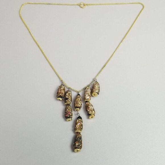 Vintage Black and Brown Glass Bead Drop Fringe Necklace, 16 Inch Chain - Picture 7 of 7